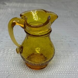 Vintage Crackle Glass Pitcher Amber Yellow Small 4" Kanawha Art Glass Jug Vase